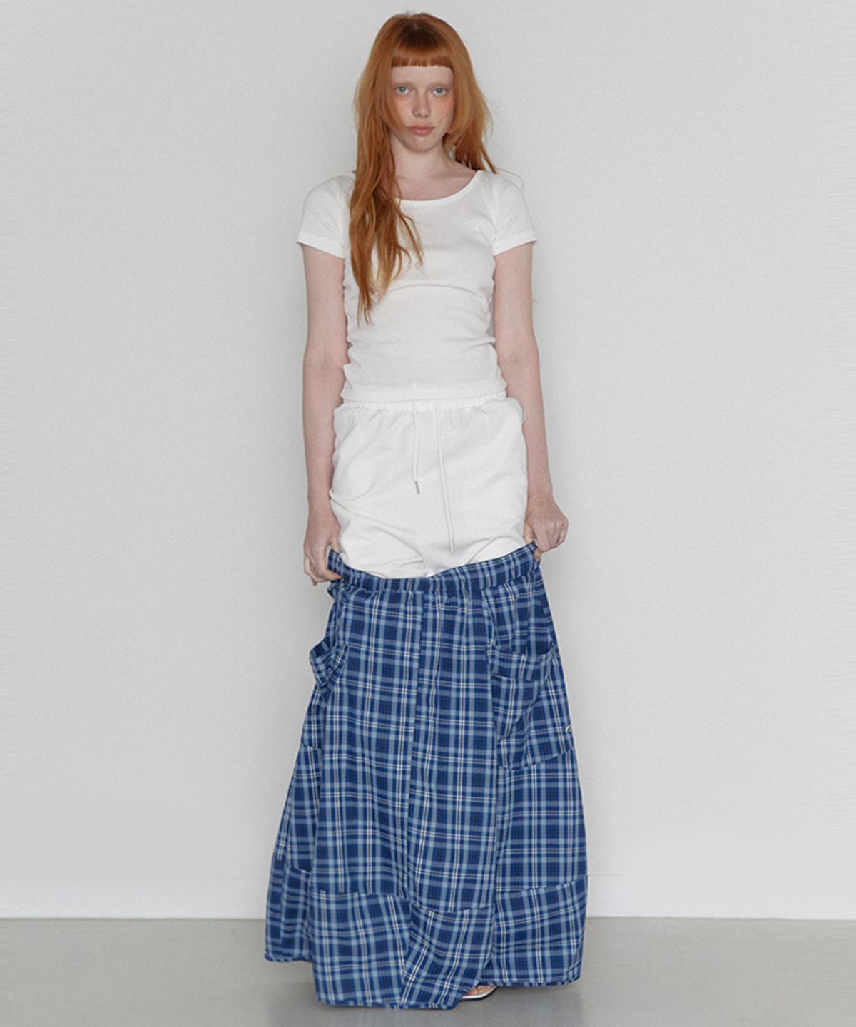 렌세(RENSE) Pumpkin Banding Skirt Blue check