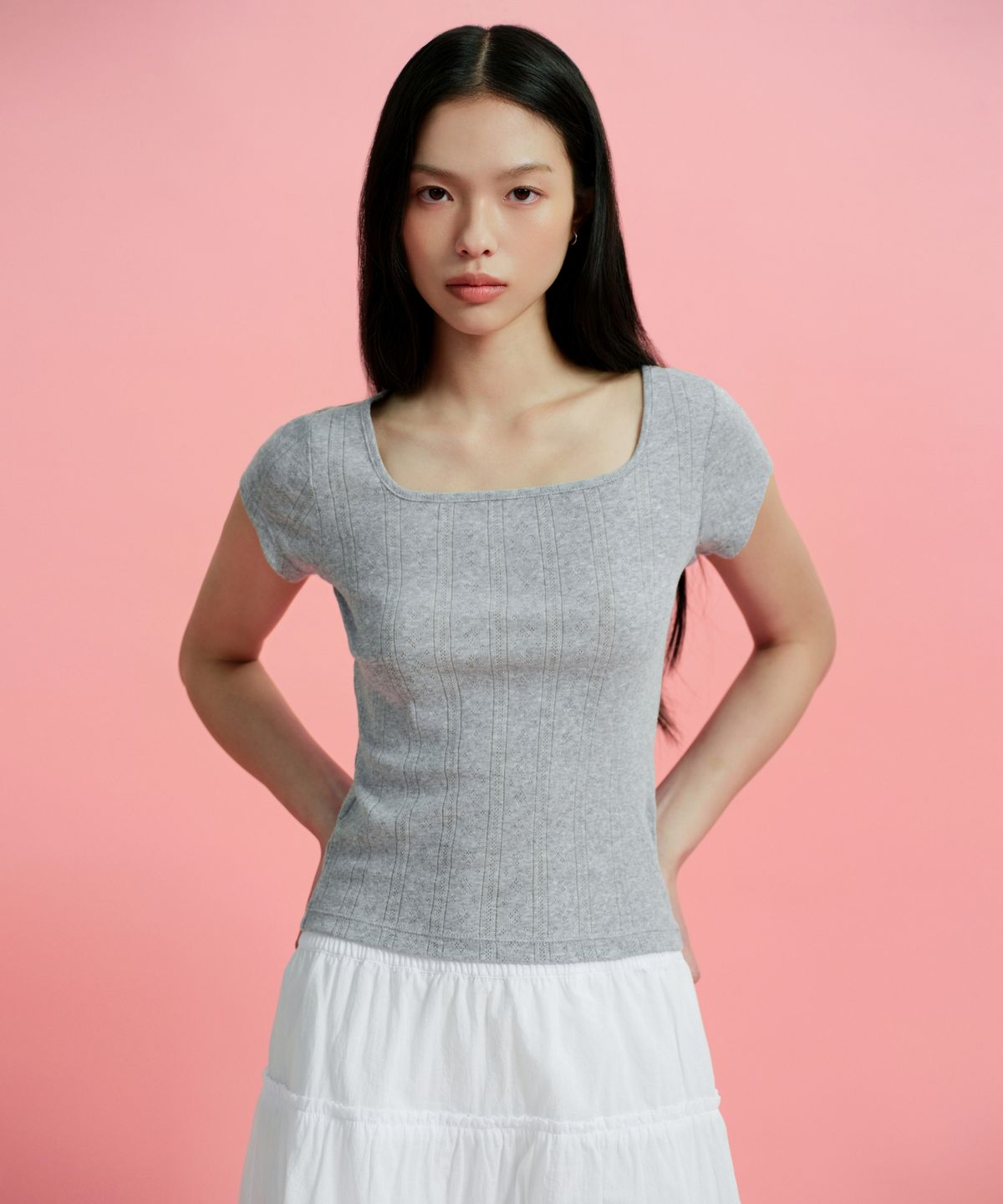 무신사 스탠다드 우먼(MUSINSA STANDARD WOMAN) 우먼즈 포인텔 스퀘어 넥 캡 슬리브 티셔츠 [멜란지 그레이]