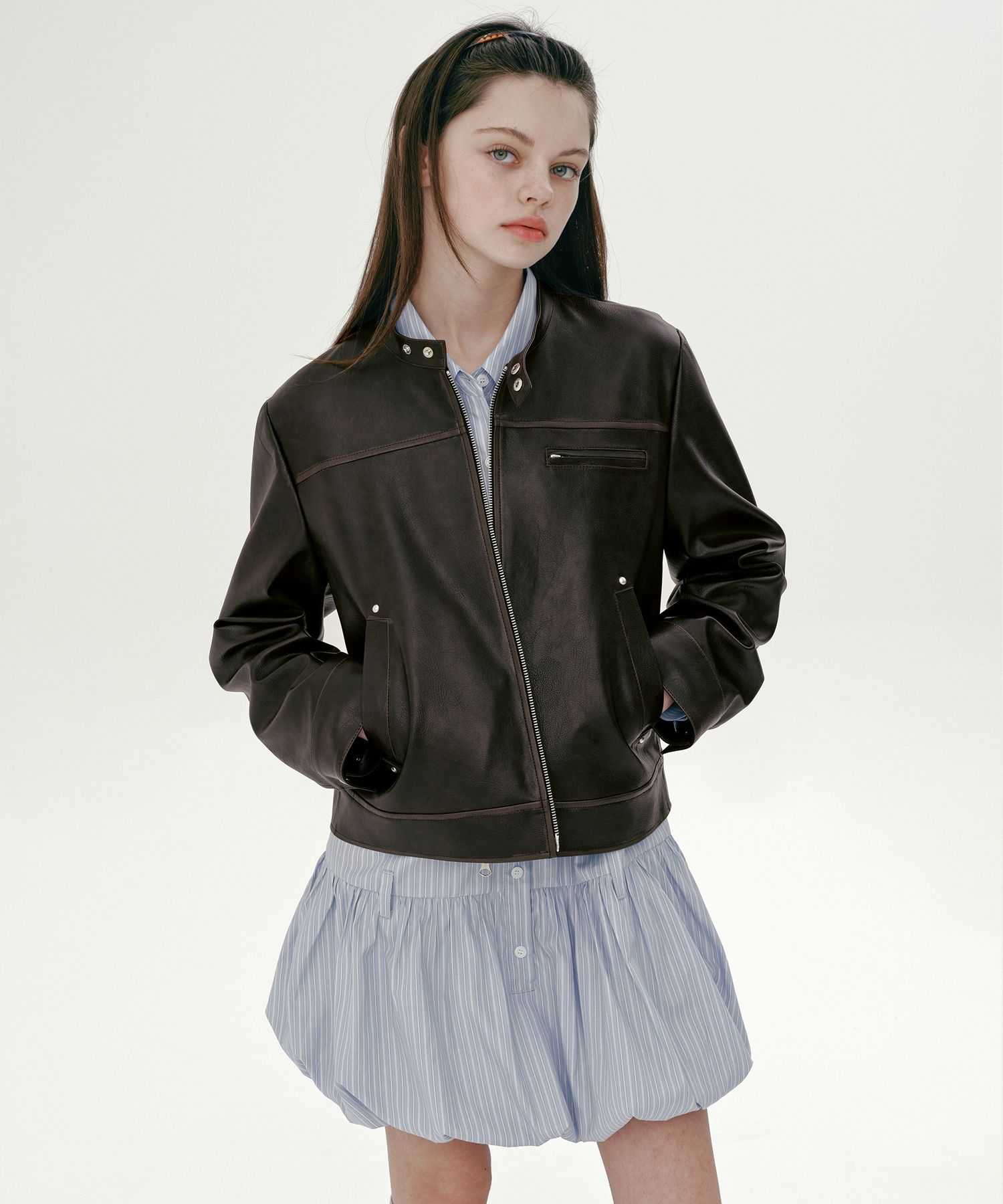 【MARGARIN FINGERS】25ss RIVET WASHED ECO LEATHER JACKET 25SP] RIVET WASHED ECO LEATHER JACKET (BEIGE)_MARGARIN