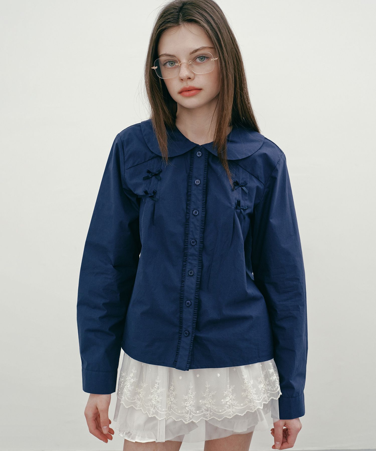RIBBON PINTUCK BLOUSE (NAVY)