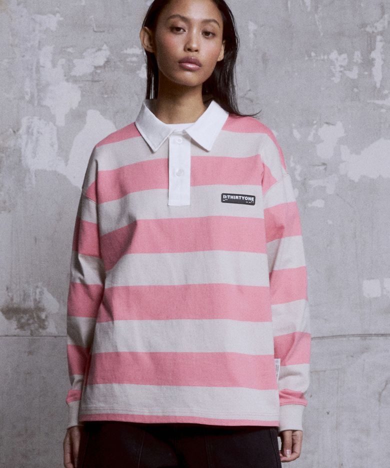 (WOMAN) Stripe Rugby Polo (Salmon Pink)