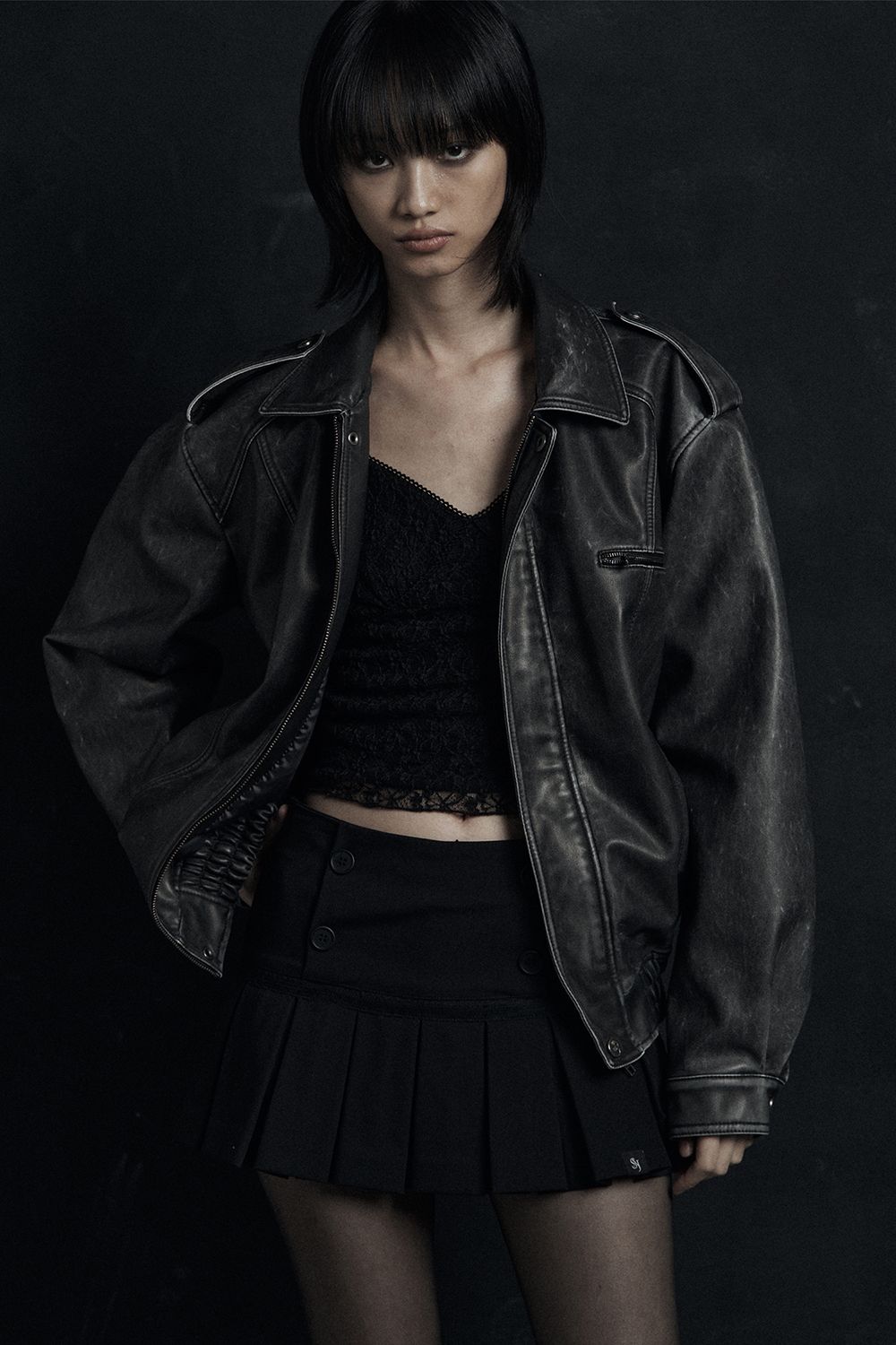 MUSINSA公式 | SYNERJYN VINTAGE LEATHER BOMBER JUMPER BLACK