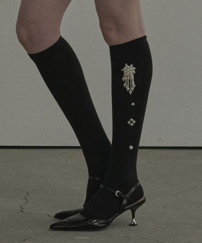 Pearl Knee Socks - Black,Grey