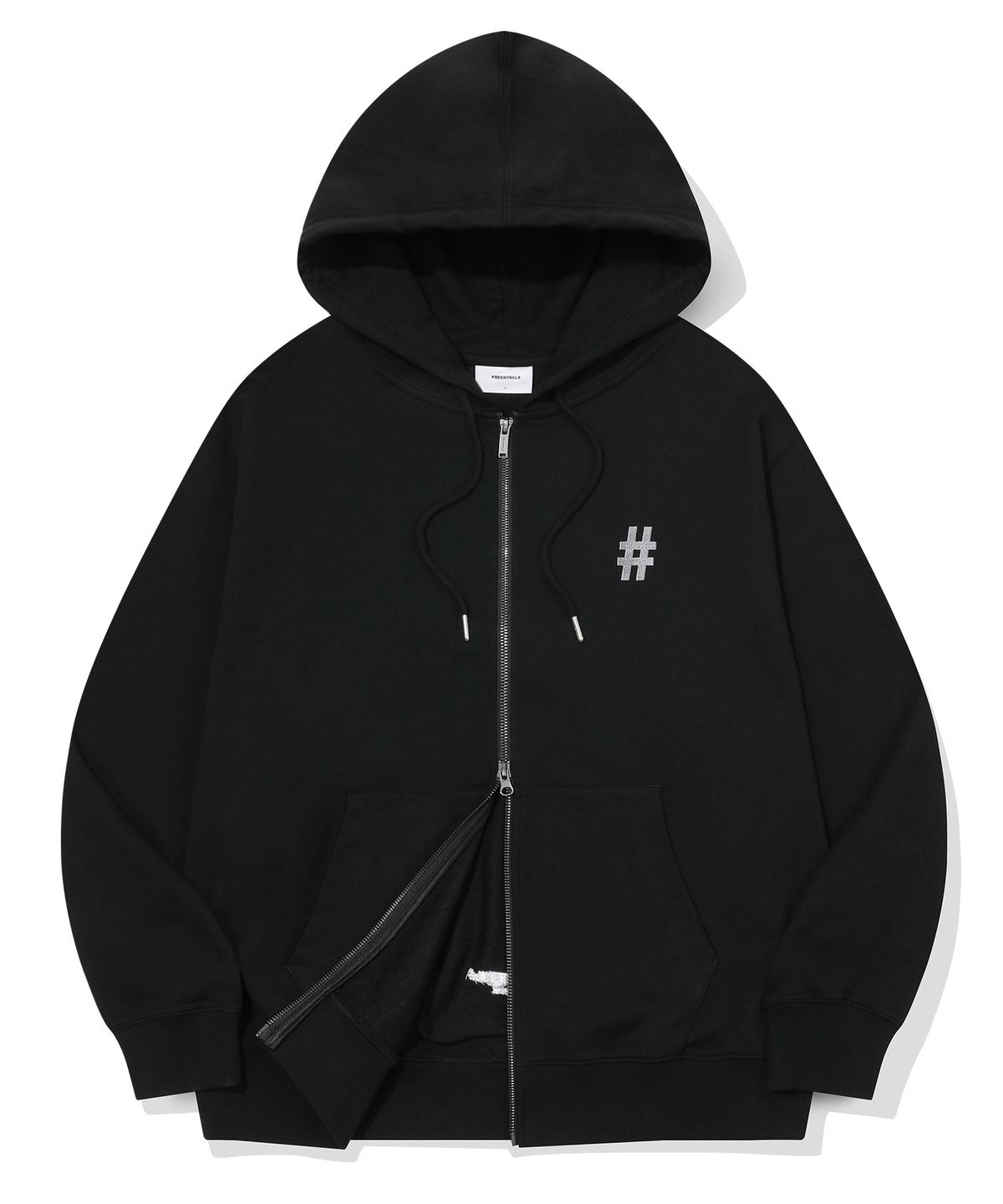 빈트릴(BEENTRILL) 에센셜 해시태그 후드 집업(블랙)