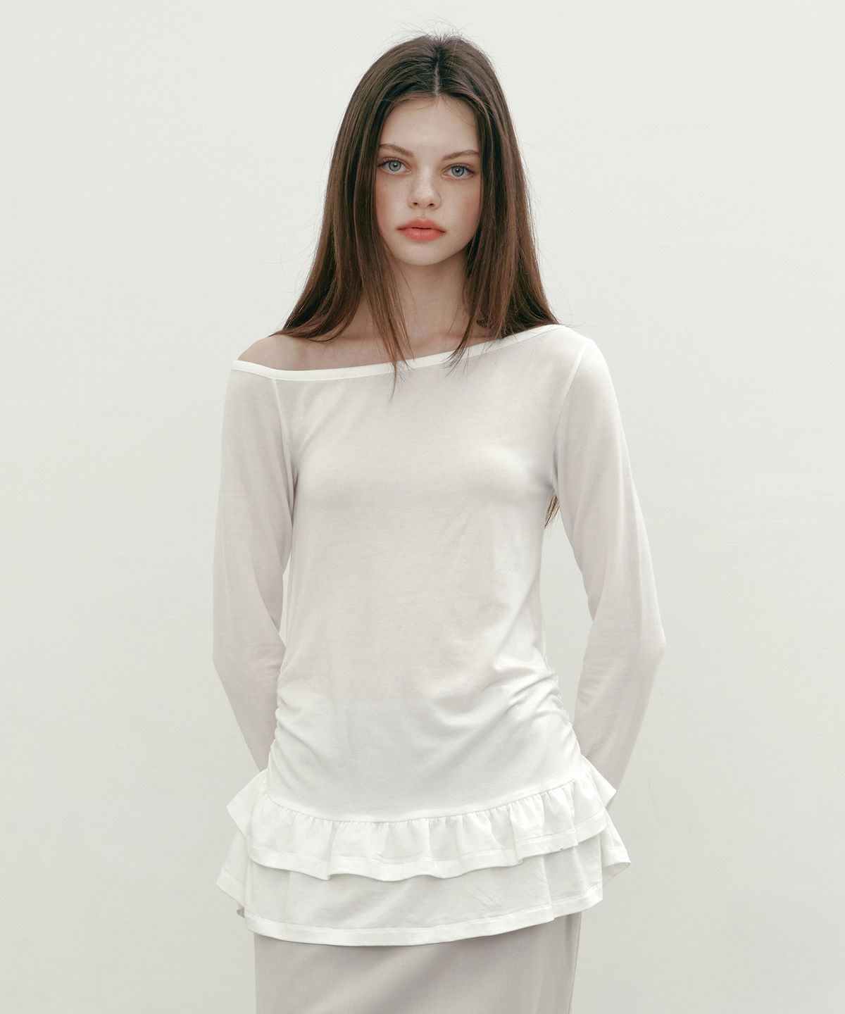 마가린핑거스(MARGARIN FINGERS) ONE SHOULDER FRILL T (WHITE)