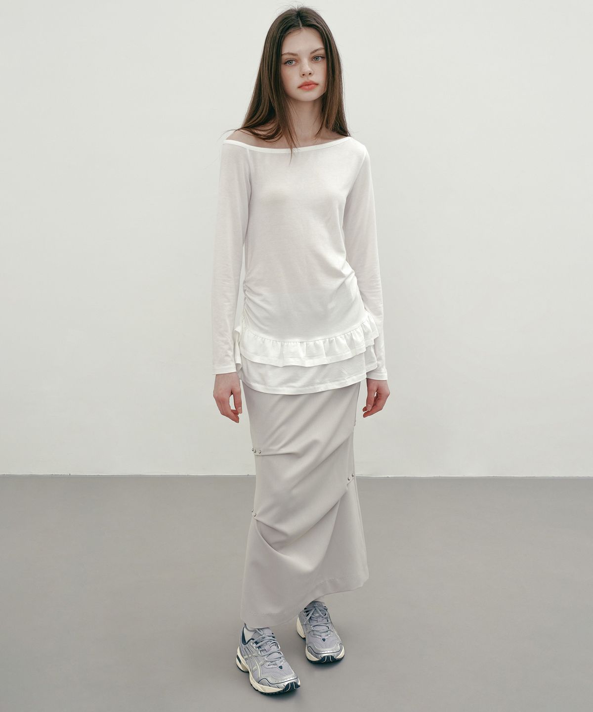 마가린핑거스(MARGARIN FINGERS) RIVET LONG SKIRT (LIGHT GREY)