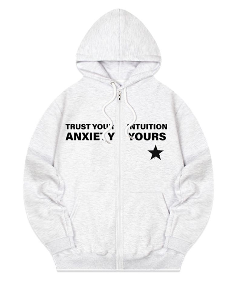 [NAPPING SELECTION] ANXIETY LETTERING HOODIE ZIP-UP [WHITE MELANGE]