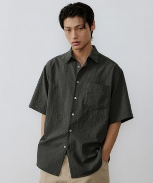Washed seerucker 1/2 shirt (olive gray)