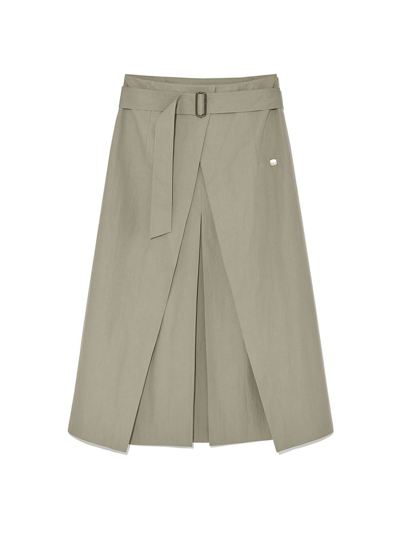 A LINE PLEATS BELTED SKIRT IN LIGHT KHAKI