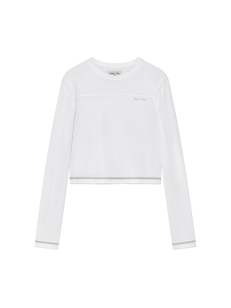 MUSINSA | MATIN KIM CUT LINE DETAIL LONG SLEEVE LOGO TOP IN WHITE