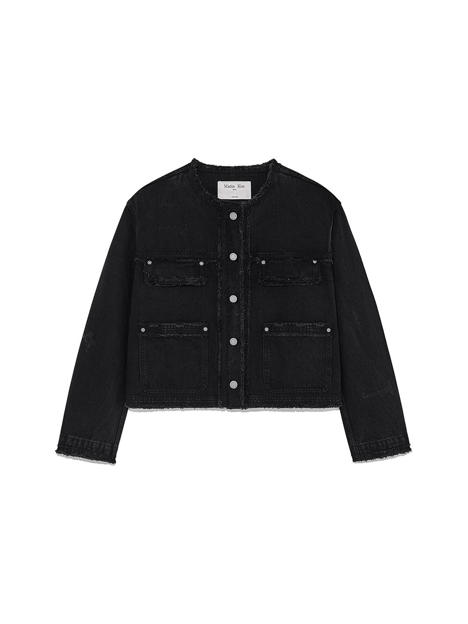 ★MATIN KIM ★COLLARLESS DAMAGE DENIM JACKET MUSINSA | MATIN KIM COLLARLESS DAMAGE DENIM JACKET IN BLACK