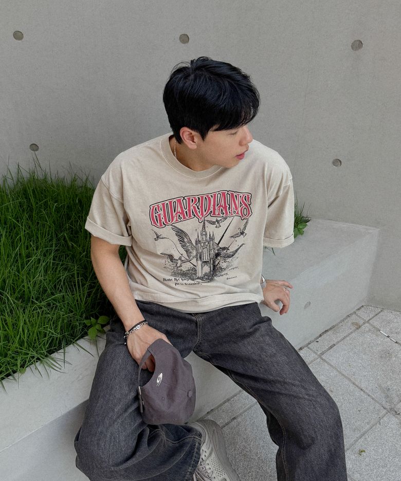가디언즈 오버핏 피그먼트 반팔 티셔츠 베이지