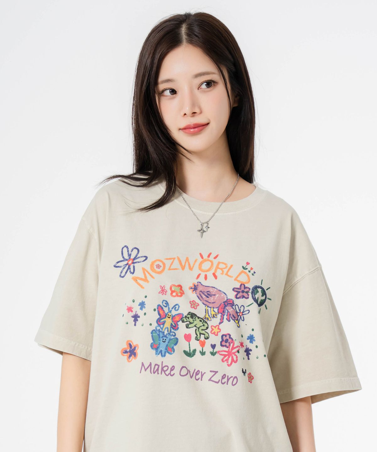 모즈모즈(MOZMOZ) 모즈월드 오버핏 피그먼트 반팔 티셔츠 베이지