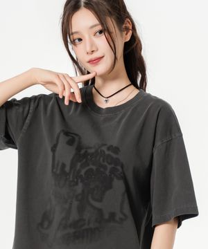 레터링캣 오버핏 피그먼트 반팔 티셔츠 챠콜
