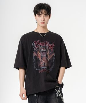 키튼어택 오버핏 피그먼트 반팔 티셔츠 블랙