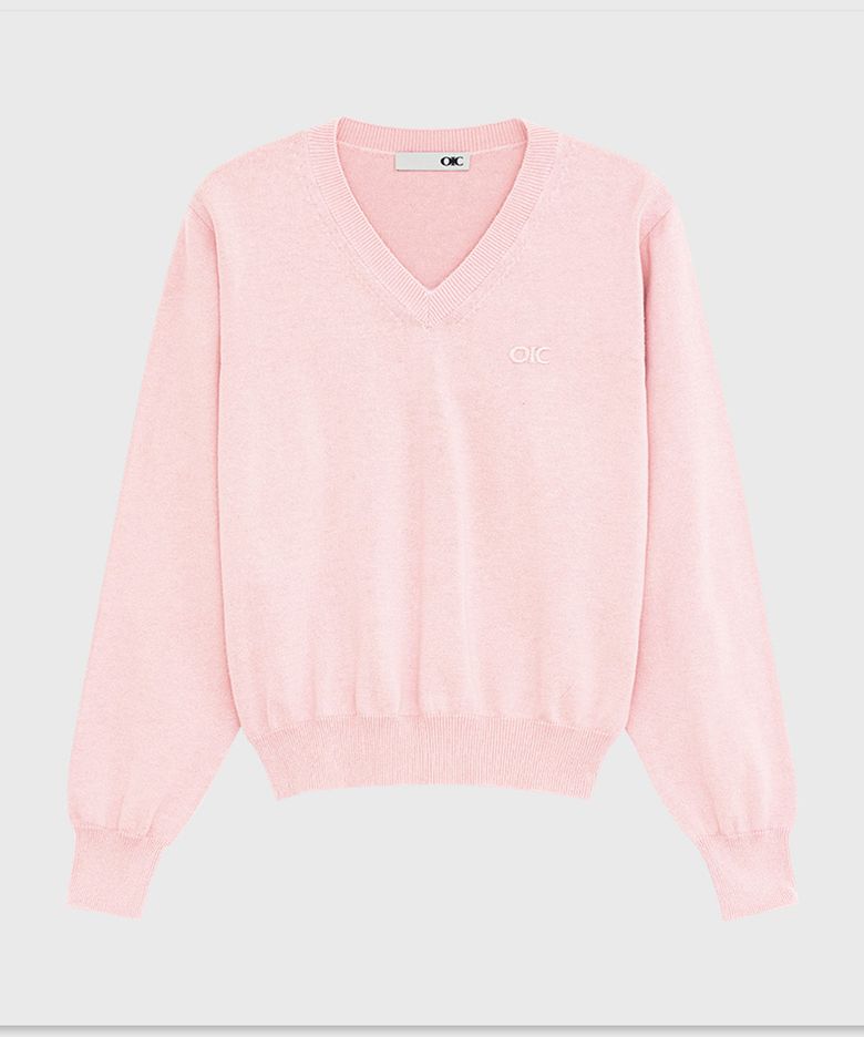 클래식 자수 브이넥 니트 [PINK]