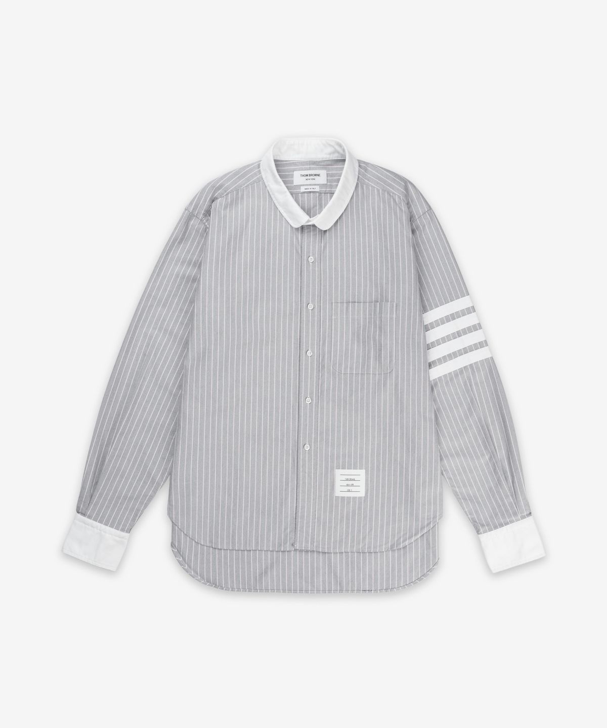 톰 브라운(THOM BROWNE) 스트라이프 옥스포드 4바 미니 라운드 카라 셔츠 - 네이비:화이트 / MWL414CF0013415
