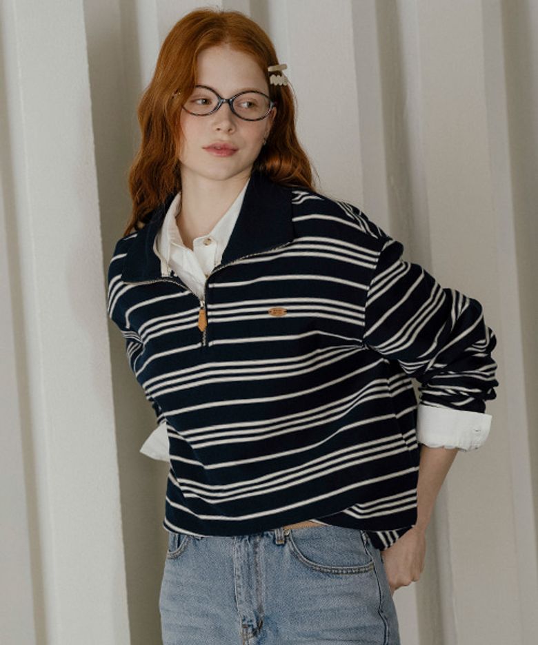 High-neck zip up stripe T-shirt_[2color]