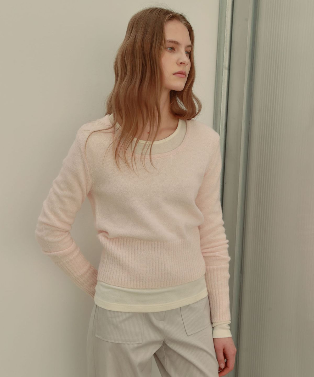 아우로(OURO) SQUARED NECK WOOL KNIT [ PINK ]