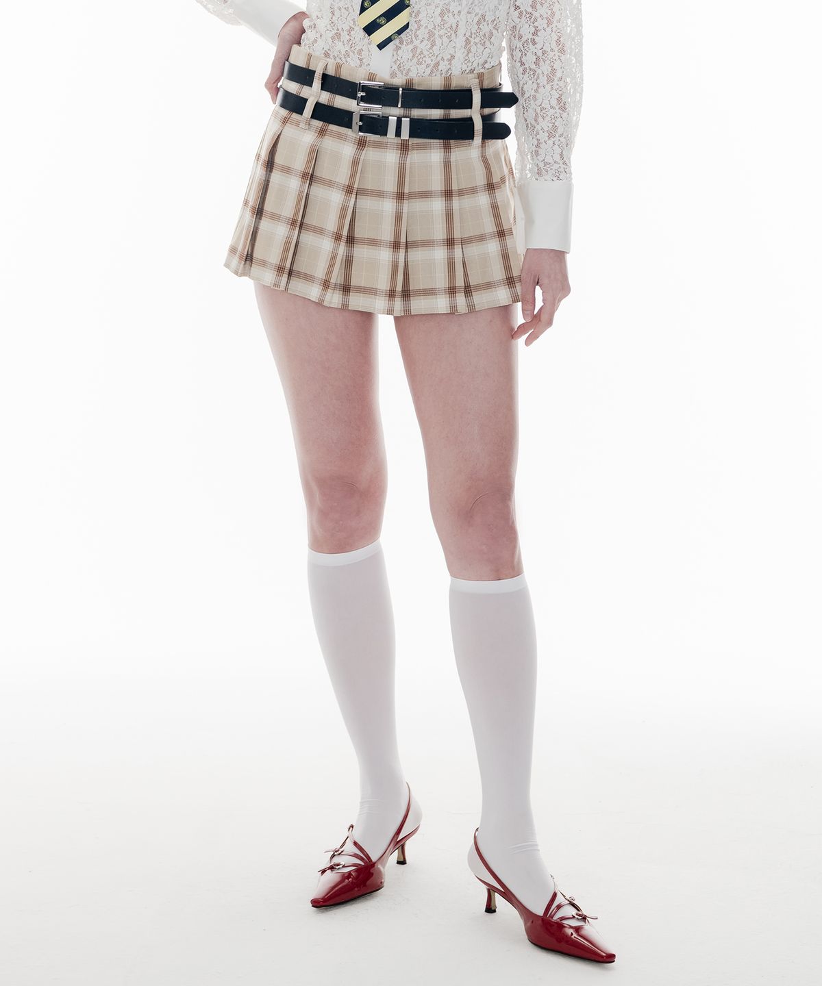 하이스쿨디스코(HIGH SCHOOL DISCO) 더블스트랩 플리츠 스커트_베이지