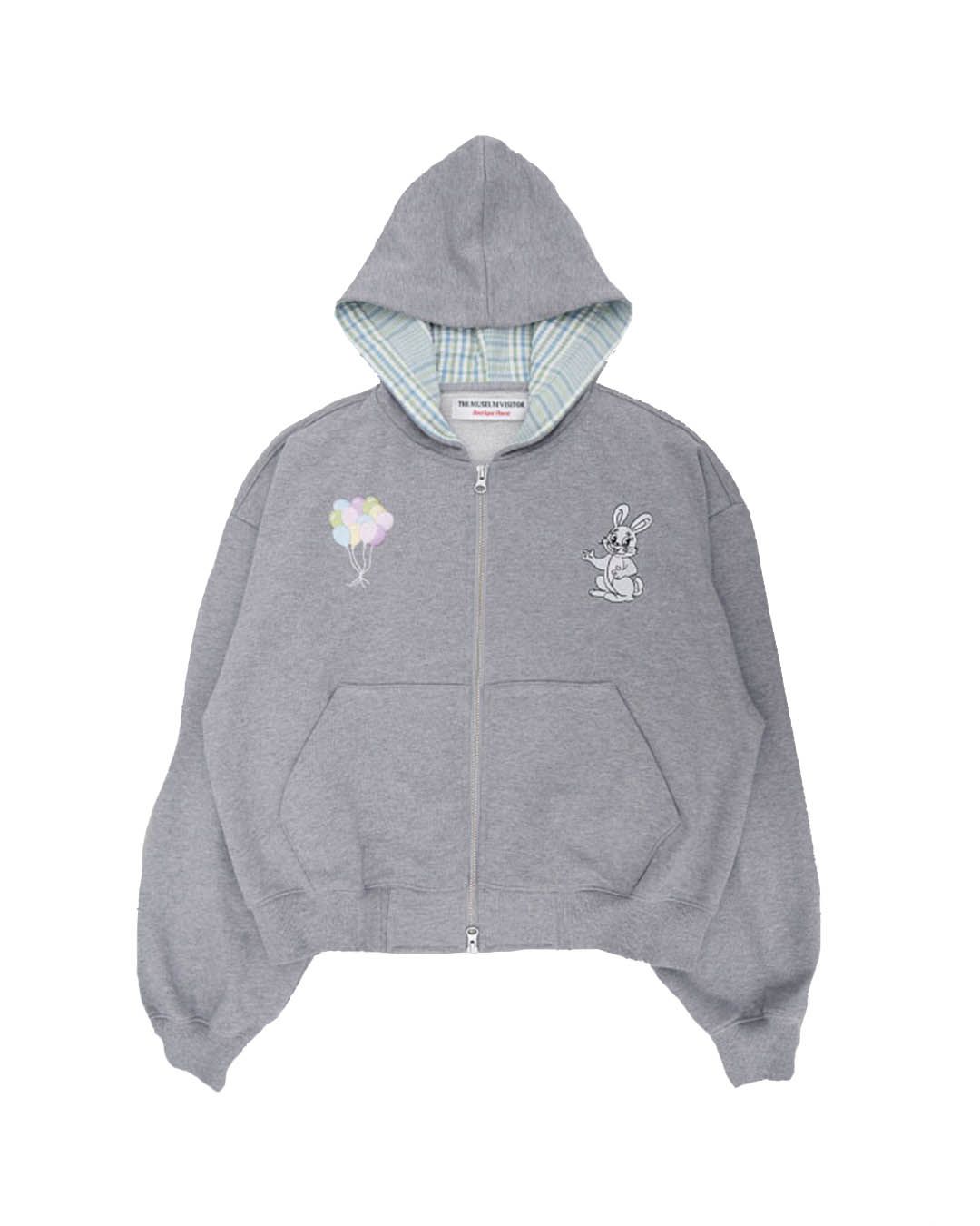 MUSINSA | THEMUSEUMVISITOR RABBIT EMBROIDERY ZIPUP HOODIE (GREY)