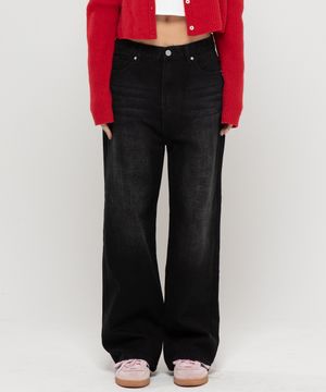 우먼즈 세미 와이드 워싱  데님팬츠[블랙]