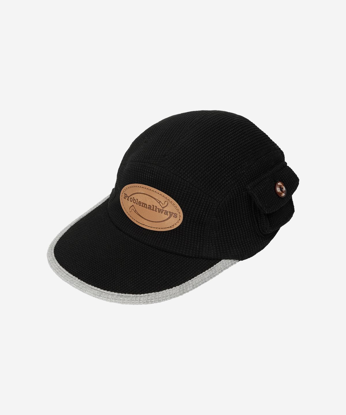 프라블럼올웨이즈(PROBLEMALLWAYS) Logo Leather Patch Waffle Camp Cap Black