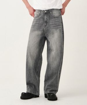 루즈 워시드 벌룬핏 와이드 데님 팬츠 유니섹스 (블랙워싱)