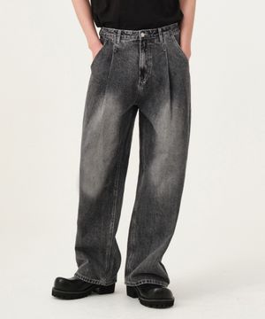 원턱 워시드 벌룬핏 와이드 데님 팬츠 유니섹스 (블랙)