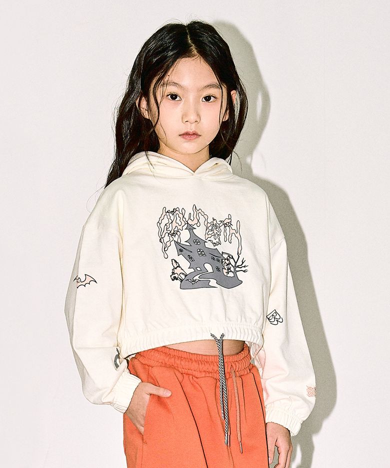 KIDS HAUNTED CROP HOODIE - CREAM