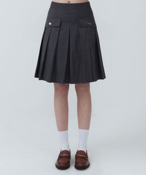 [25SS clove] Button Pocket Pleated Skirt (Charcoal)
