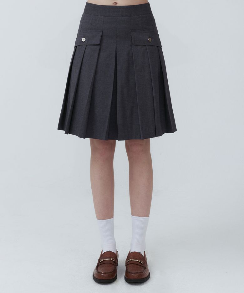 [25SS clove] Button Pocket Pleated Skirt (Charcoal)