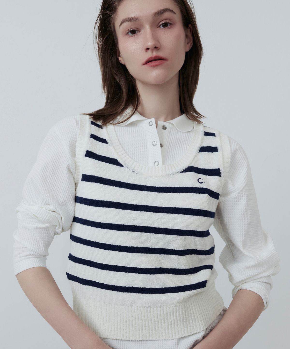클로브(CLOVE) [25SS clove] Boucle Stripe Sleeveless Knit (Navy)