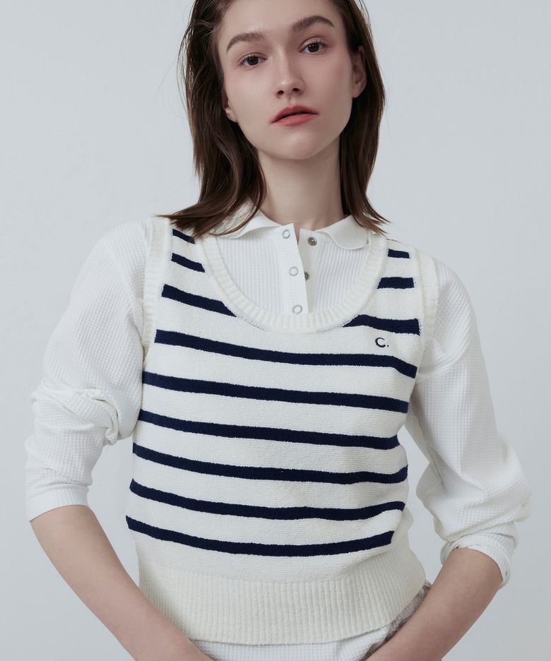 [25SS clove] Boucle Stripe Sleeveless Knit (Navy)