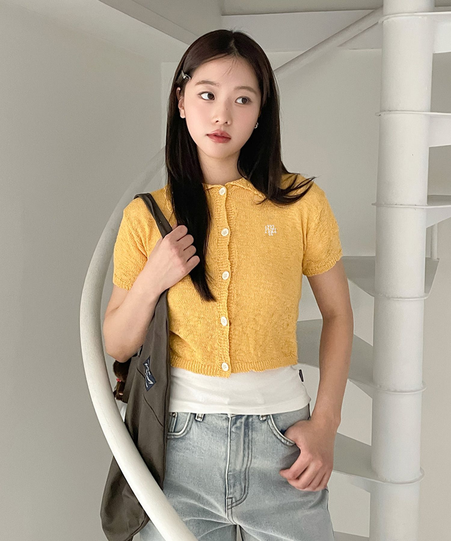 MUSINSA MUAHMUAH Slub collar knit short sleeve cardigan [3 colors]