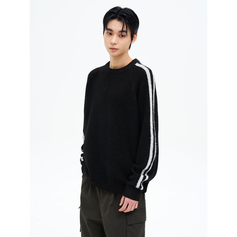 라인 배색 니트 풀오버  블랙