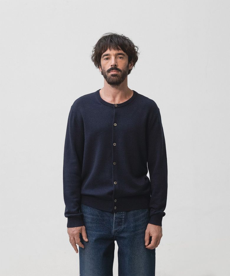 Solid Round Neck Cardigan (Navy)