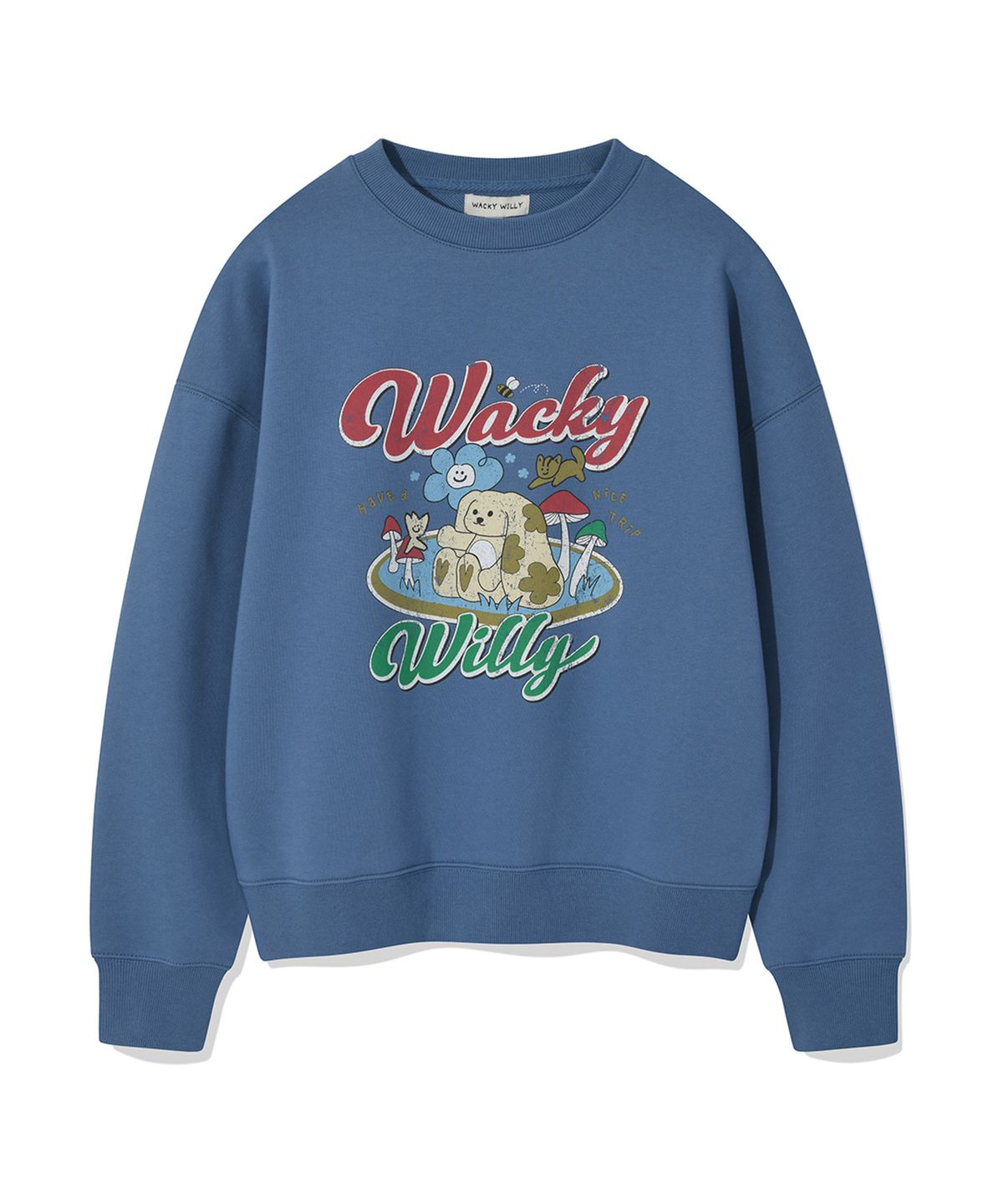 와키윌리(WACKY WILLY) 우먼스 세미오버핏 캐릭터그래픽 맨투맨 블루