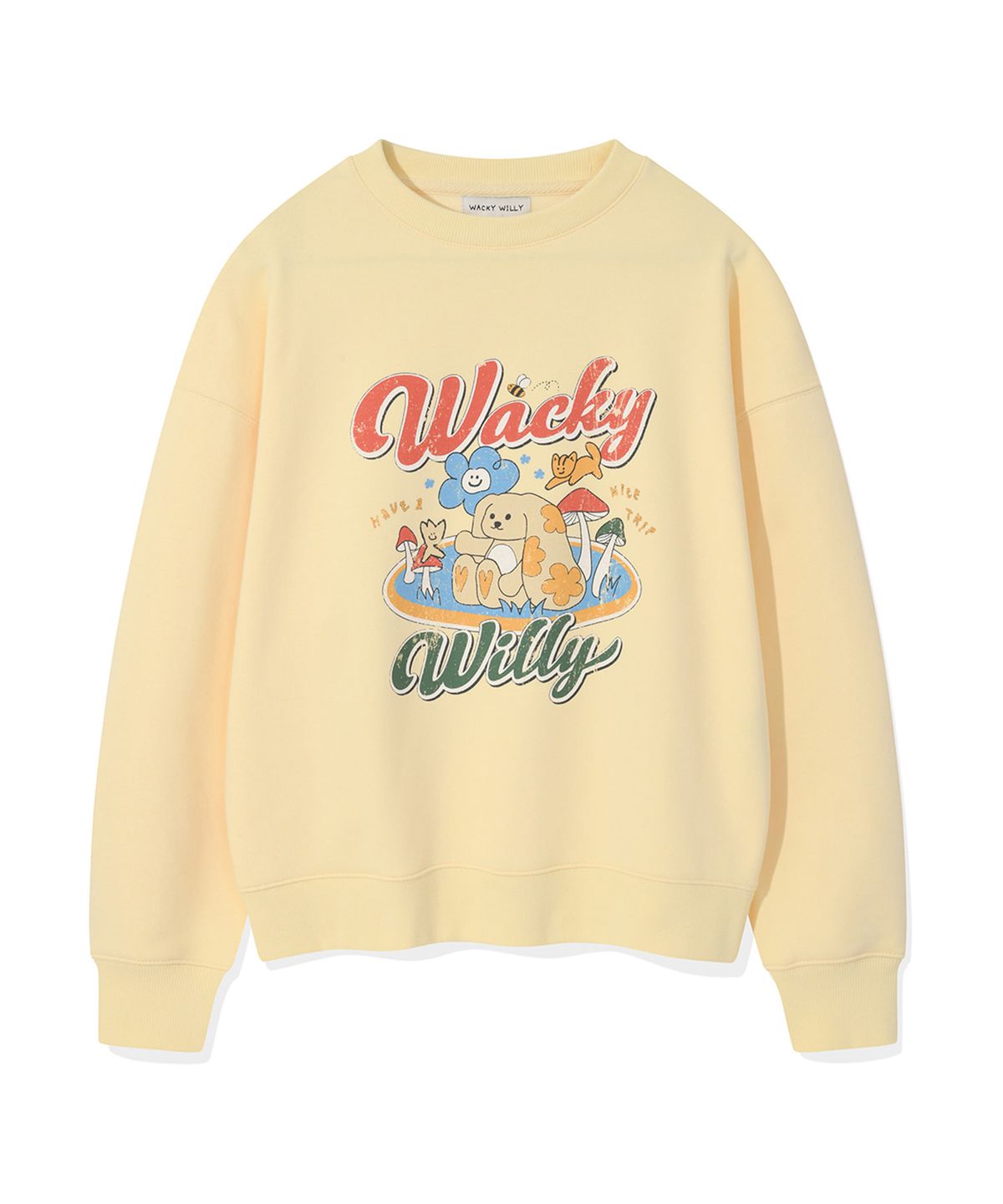 와키윌리(WACKY WILLY) 우먼스 세미오버핏 캐릭터그래픽 맨투맨 옐로우