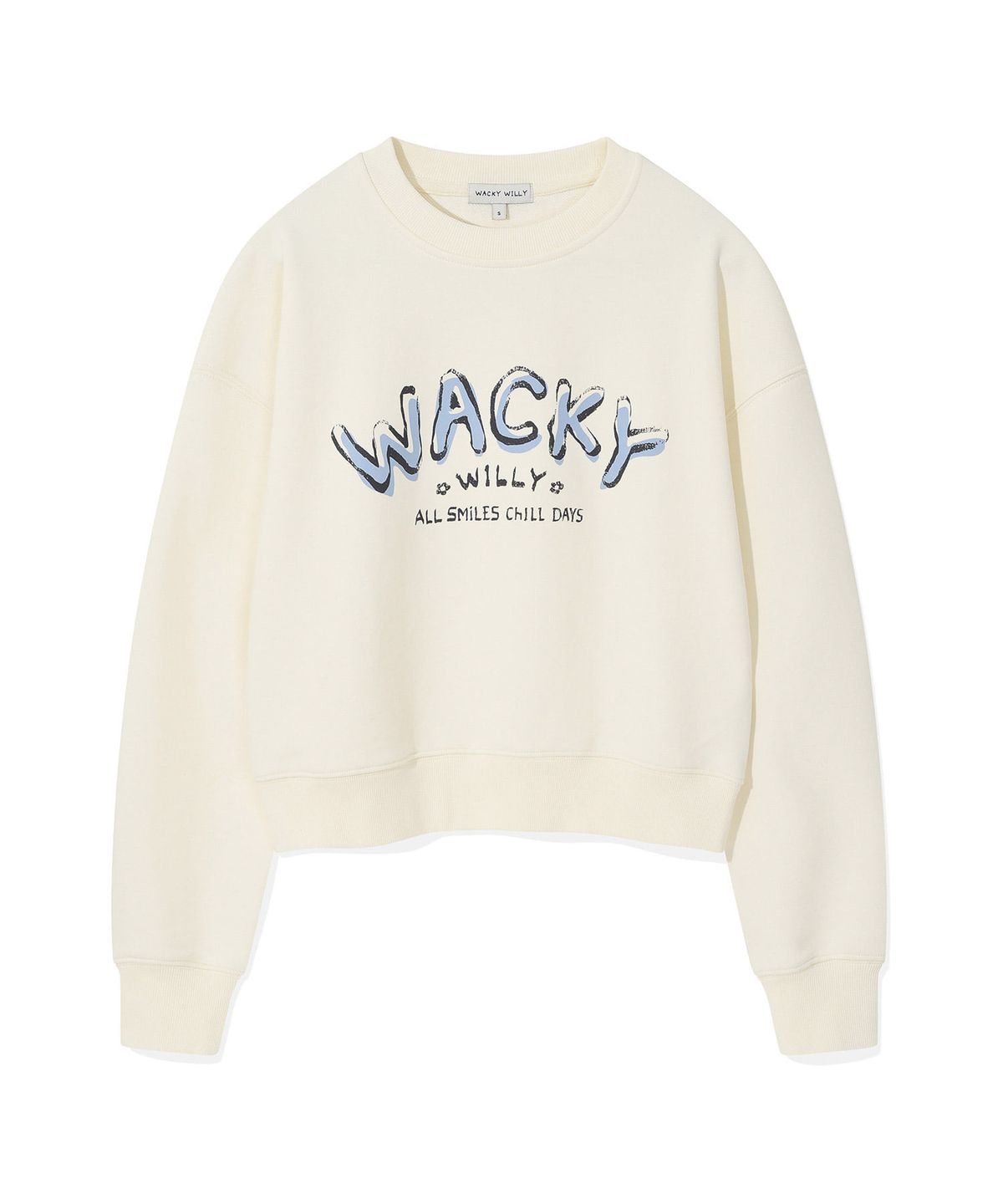 와키윌리(WACKY WILLY) 우먼스 타이포 그래픽 크롭 맨투맨 크림