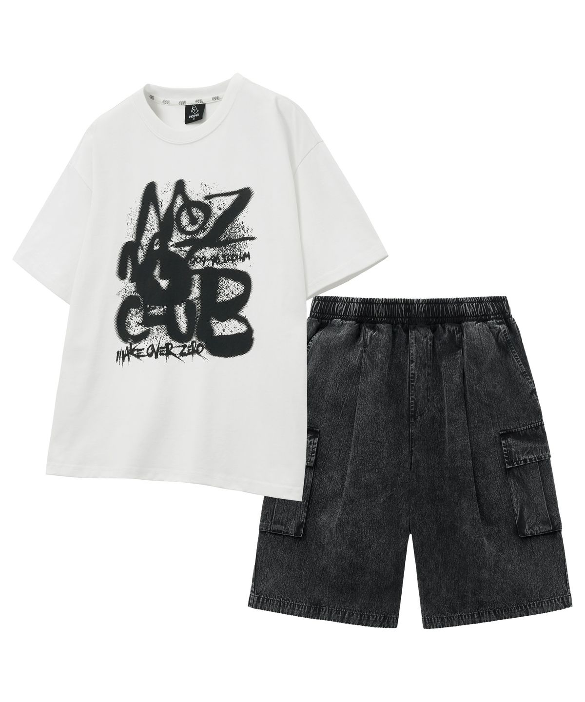 모즈모즈(MOZMOZ) [SET] 브러시로고 반팔+스톤워싱 와이드 카고 반바지 셋업 화이트