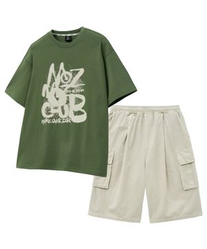 [SET] 브러시로고 반팔+스톤워싱 와이드 카고 반바지 셋업 카키