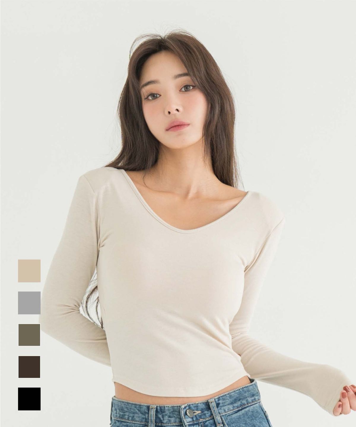 도로시와(DOROSIWA) [풀샷몰드] 딥 유넥 어깨패드 캡내장 긴팔티_5colors