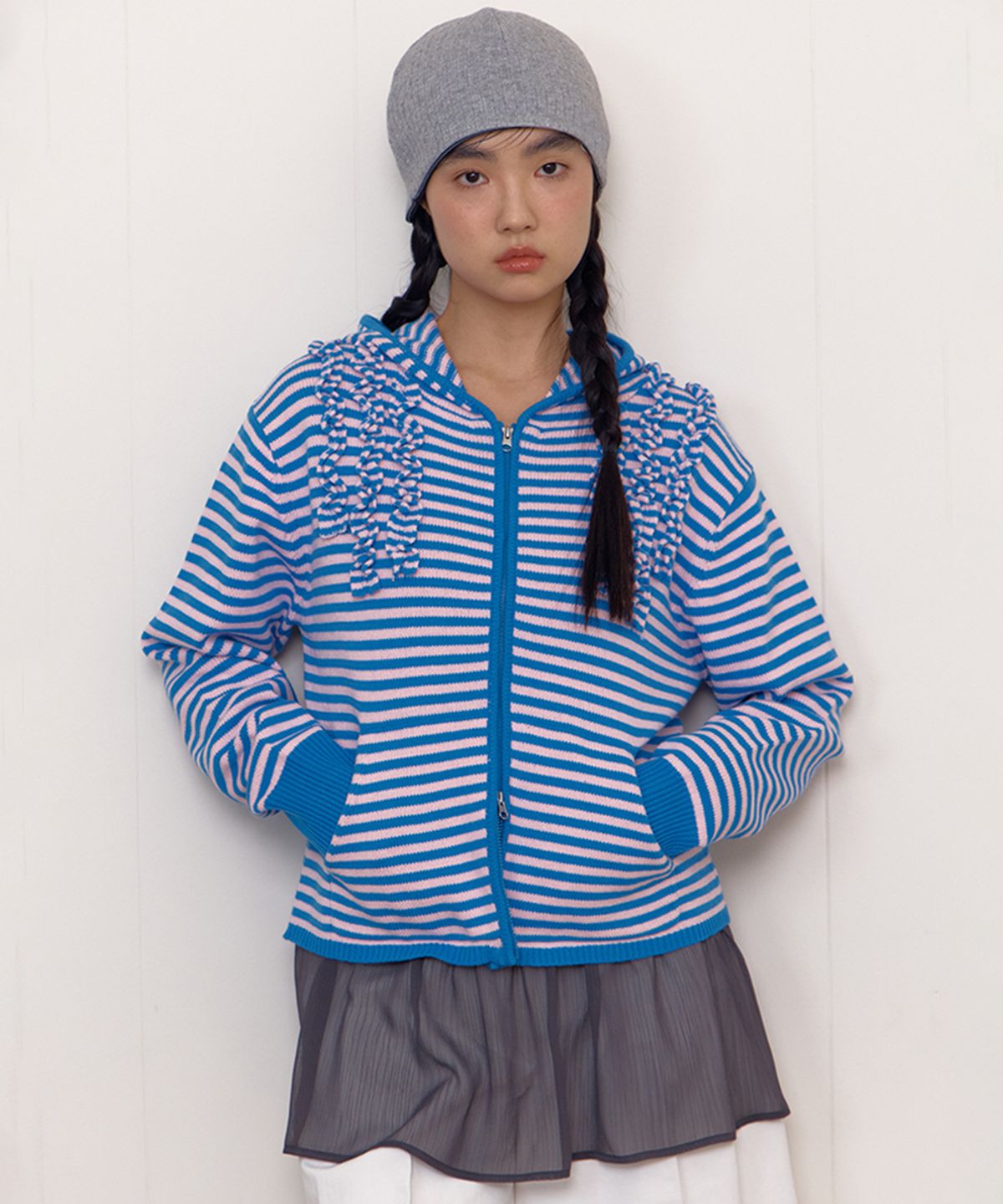 셀리테일즈(CELITAILS) STRIPE KNIT FRILL HOODIE ZIP-UP_PINK