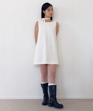 BOAT NECK FLARED MINI DRESS_IVORY