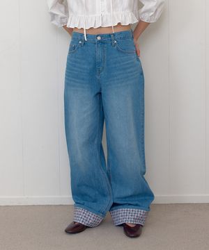 CHECK FLOWER ROLL-UP DENIM PANTS_BLUE