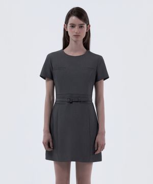 Belted Round Neck Suit Dress - Grey