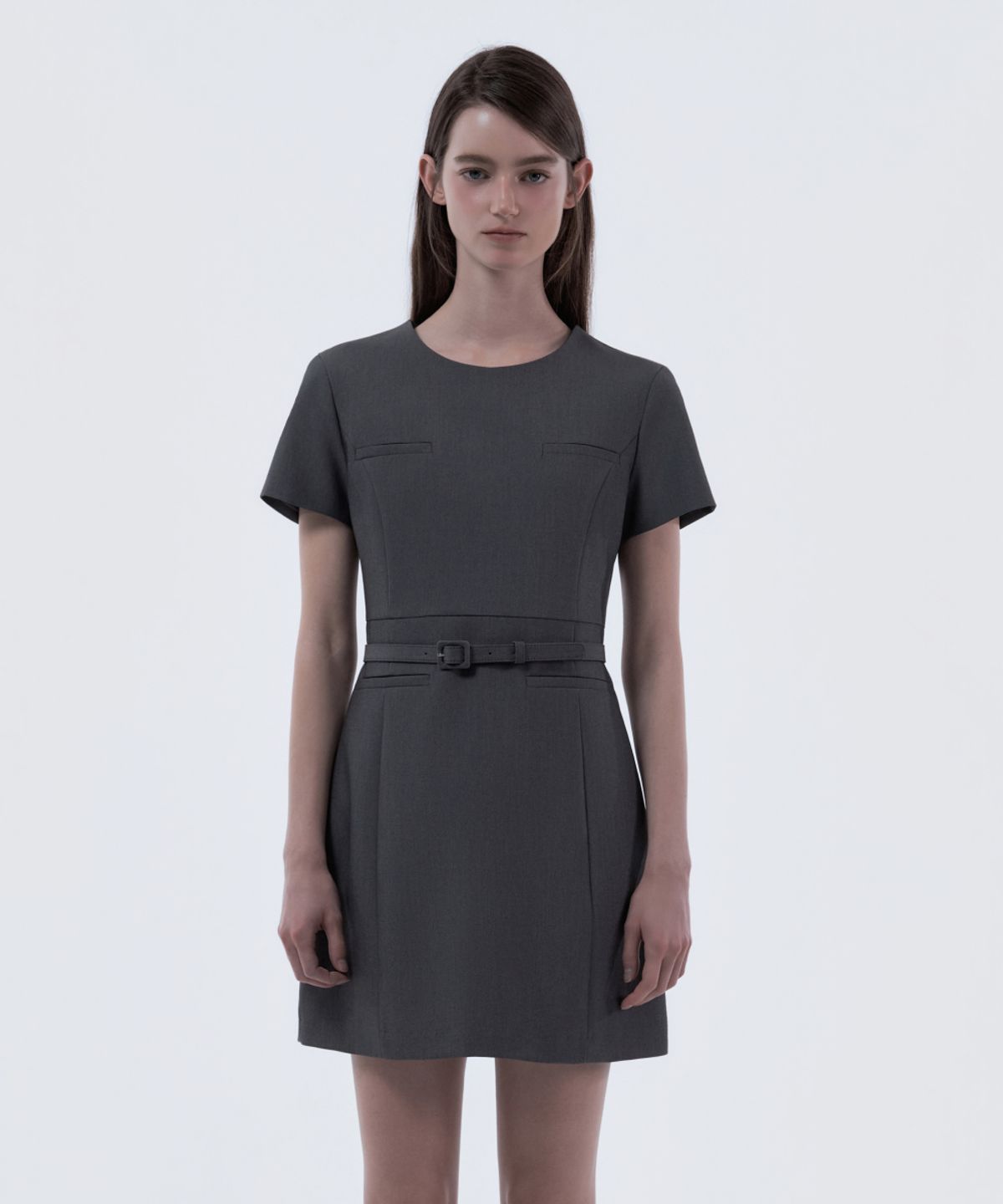 마우솔레움(MAU SOLEUM) Belted Round Neck Suit Dress - Grey