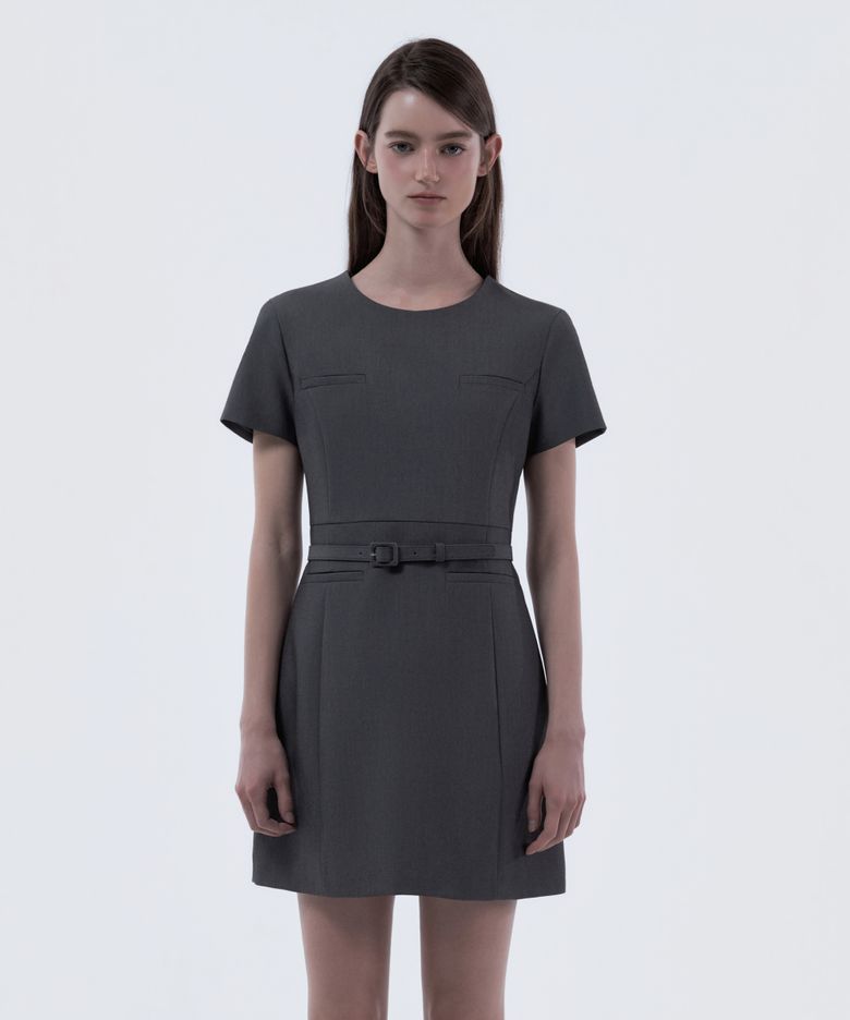 Belted Round Neck Suit Dress - Grey
