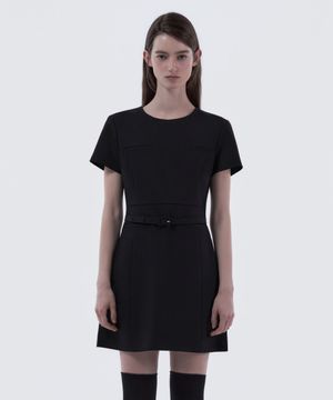 Belted Round Neck Suit Dress - Black